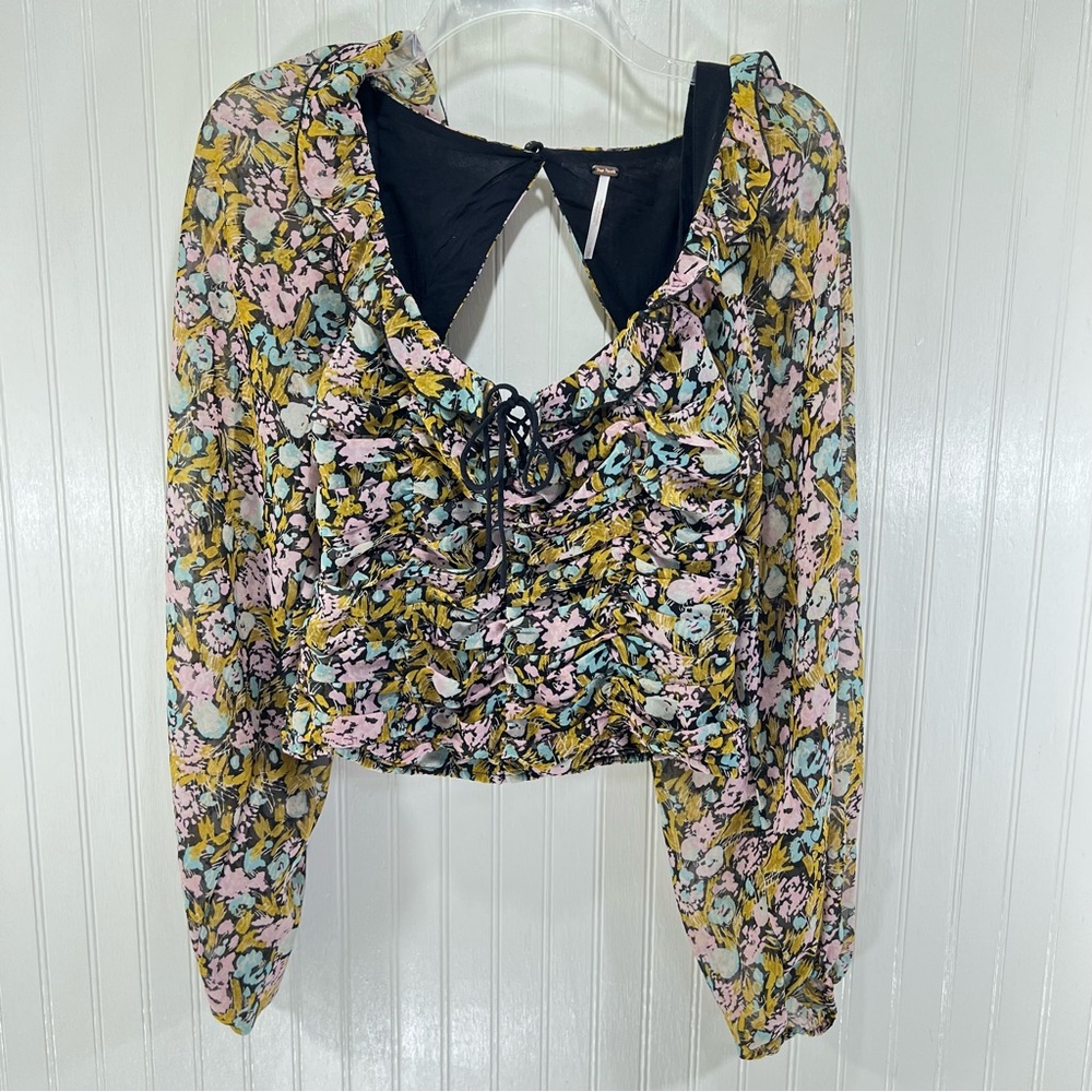 Free People Floral Ruffle Tie-Front Blouse in Pink, Yellow, Black